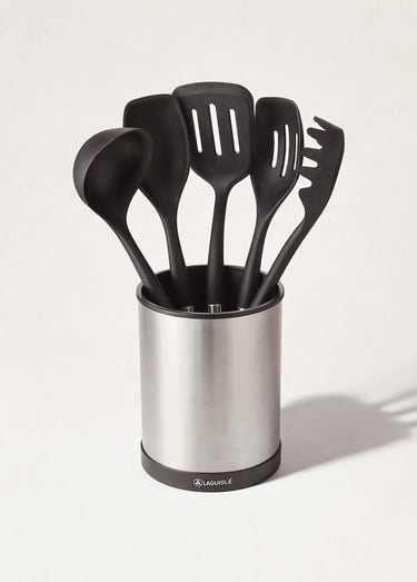 Set 5 ustensiles en silicone + pot inox Gris/Noir