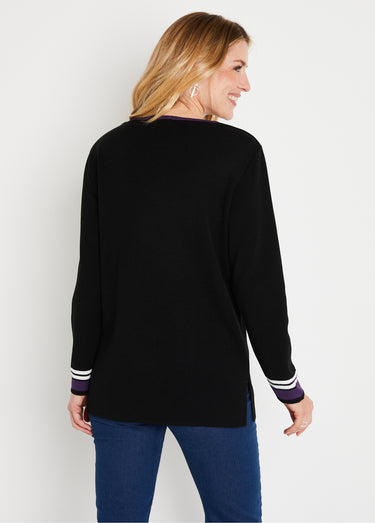 Pull-tunique long jacquard graphique color block Noir/Prune
