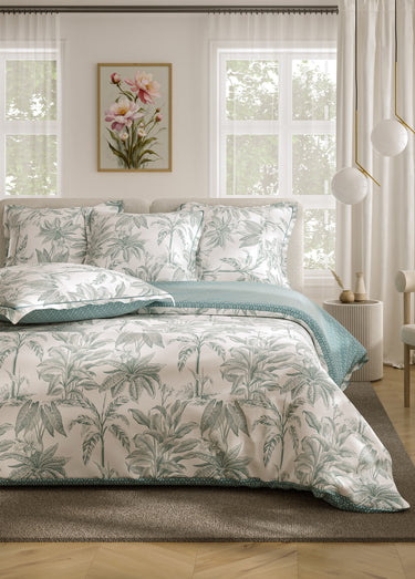 Parure de lit 4 pièces percale avec drap plat, palmeraie Imprime/Bleu