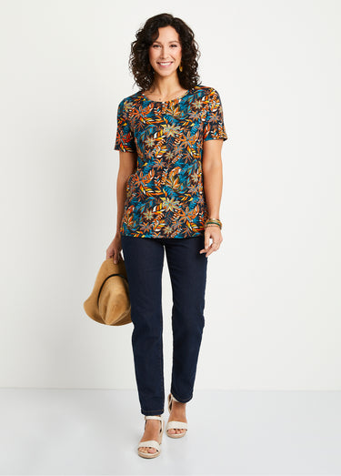 T-shirt droit long manches courtes Imprime Fond Noir