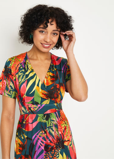 Robe courte cache-coeur imprimé exotique Multicolore