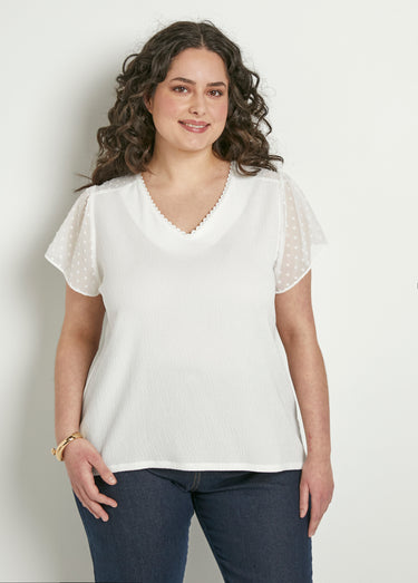 T-shirt col V plumetis manches courtes Blanc