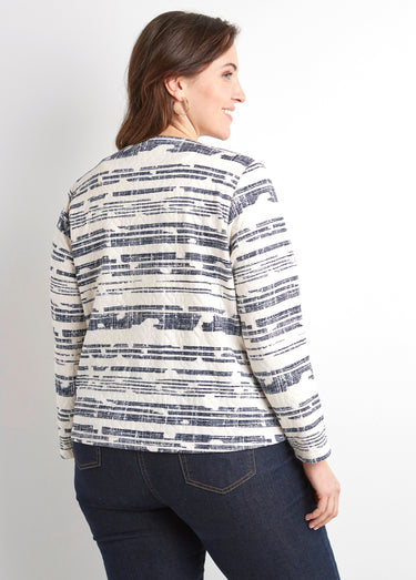 Veste courte sans col zippée irisée Ecru/Marine