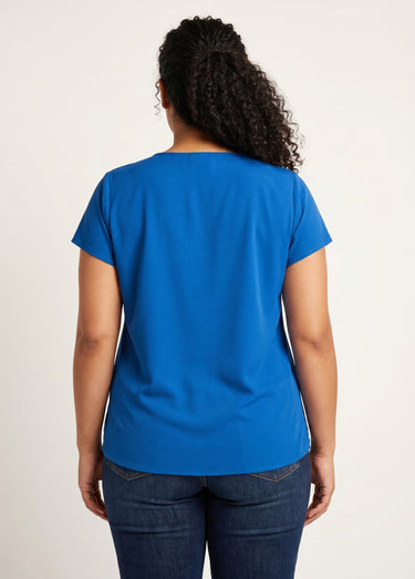 Top long manches courtes broderies col rond Bleu