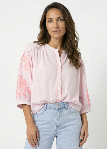 Chemisier ample vichy, broderies fluo Rose