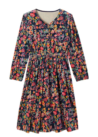 Robe courte velours ras fleuri col V évasée Marine/Rose