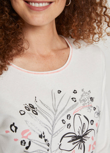 T-shirt court col rond motif brillant Ecru
