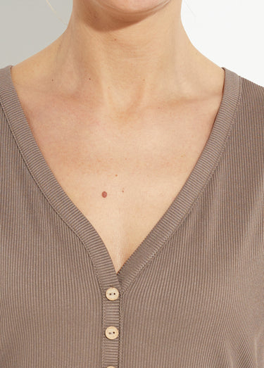 T-shirt col V jersey cotelé, Essentiel Taupe
