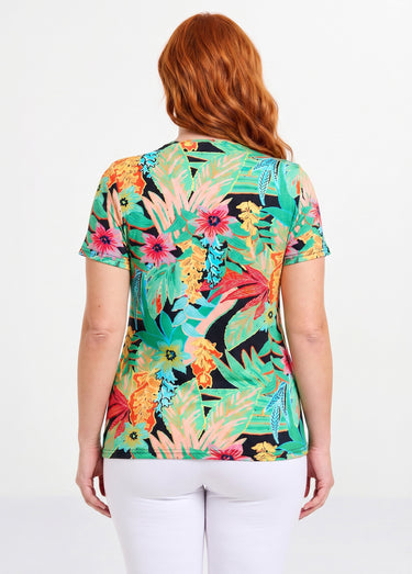 T-shirt long col rond imprimé exotique manches courtes Fond Noir