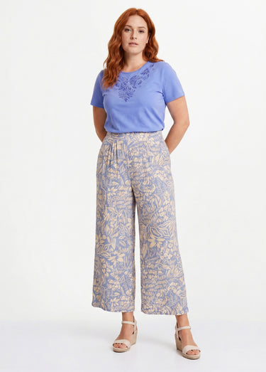 Pantalon large taille élastiquée fleuri ou uni Bleu / Écru