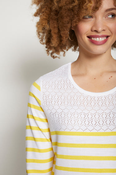 Pull rayé avec maille ajourée col rond Raye Jaune