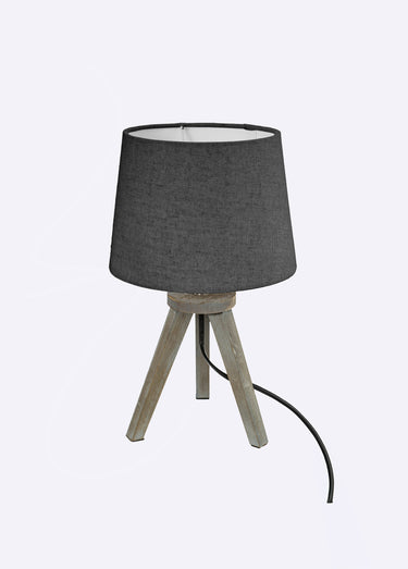 Lampe mini trépied bois, abat jour tissu Gris