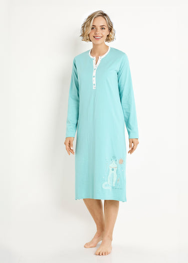 Chemise de nuit liquette mi-longue boutonnée coton Aqua