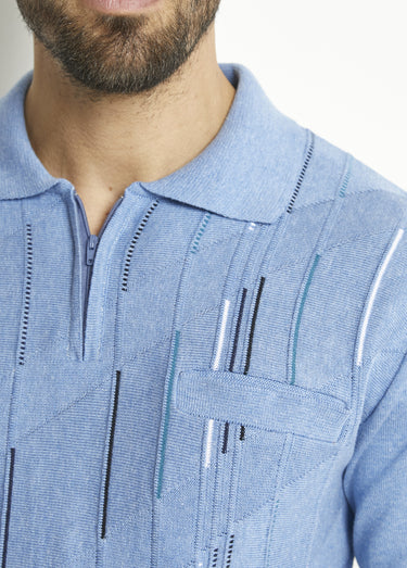 Pull col polo zippé manches longues coton jacquard Bleu