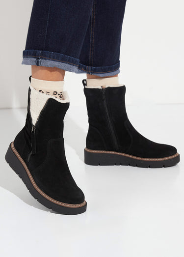 Boots montantes cuir, détails fourrure Noir