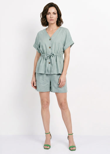 Blouse boutonnée et ceinturée, avec lin Vert