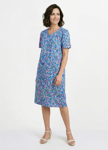 Robe-tablier mi-longue imprimée Fuchsia/Bleu