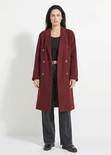 Manteau long drap de laine col tailleur Prune