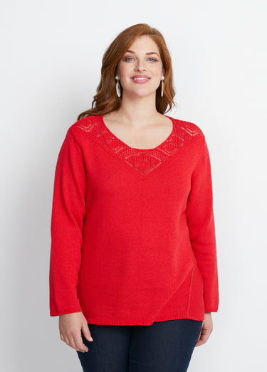 Pull manches longues mailles fantaisie Rouge