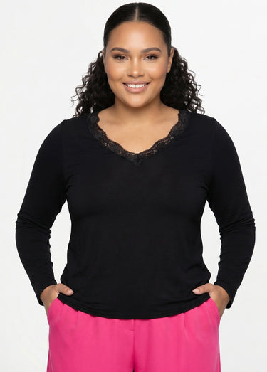 T-shirt court dentelle col V manches longues Noir