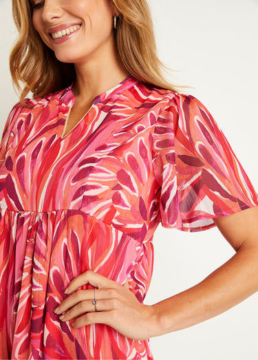 Robe courte évasée motif feuilles Fuchsia/Rose