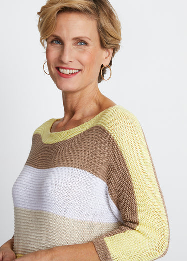 Pull rayé manches 3/4 point mousse Jaune/Dore