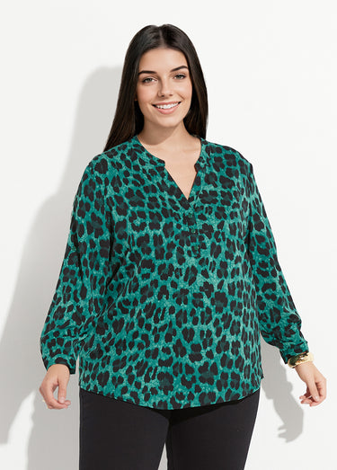 Blouse col V boutonné motif léopard Vert/Noir