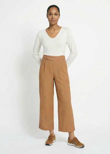 Pantalon large élastiqué brodé feuillage Camel