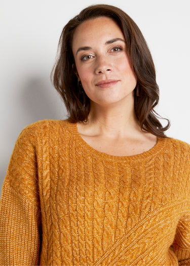 Pull maille chinée perlée torsadée col rond Miel