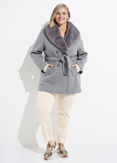 Manteau toucher laineux col fourrure Gris Clair