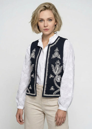 Gilet brodé sans manches toile coton Noir/Ecru