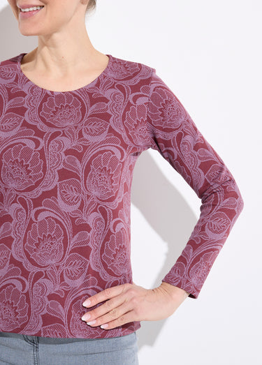 T-shirt jacquard fleuri col rond Bordeaux/Rose