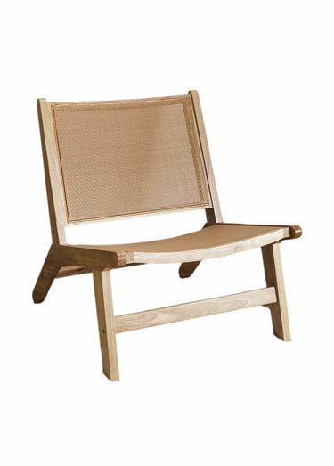 Fauteuil large et bas, bois et cannage Naturel