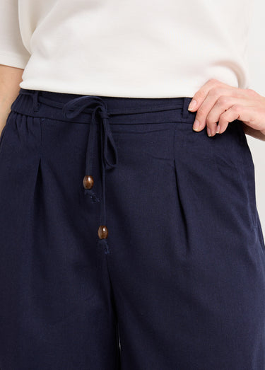 Pantalon large avec lin, style ethnique Marine