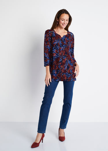T-shirt long évasé manches 3/4 col rond Imprime/Bleu
