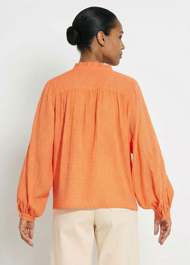Chemisier col volanté coton plumetis rayé Orange