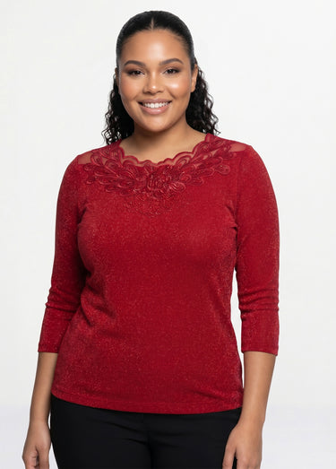 T-shirt manches 3/4 brodé brillant Rouge