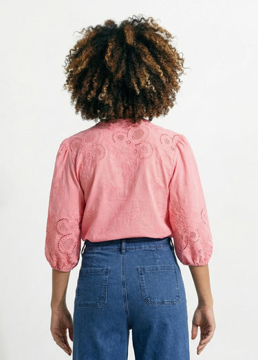 Chemisier long coton brodé manches 3/4 Rose bonbon