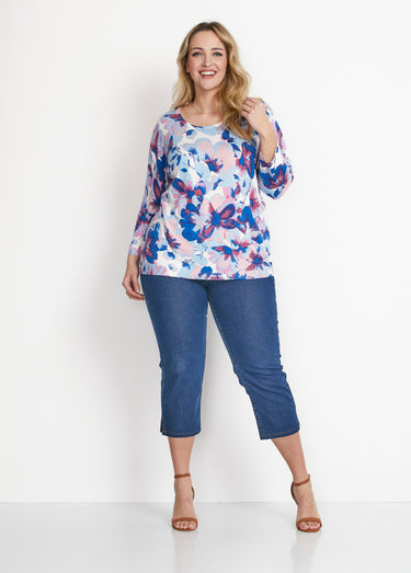 Pull manches 3/4 imprimé floral Bleu/Rose