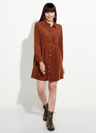 Robe chemisier en velours taille plissée Marron