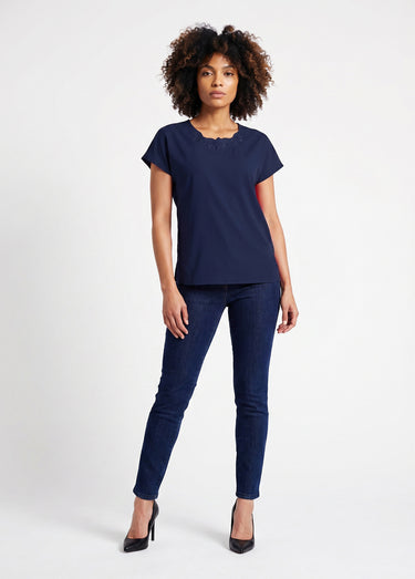 Top long manches courtes broderies col rond Marine