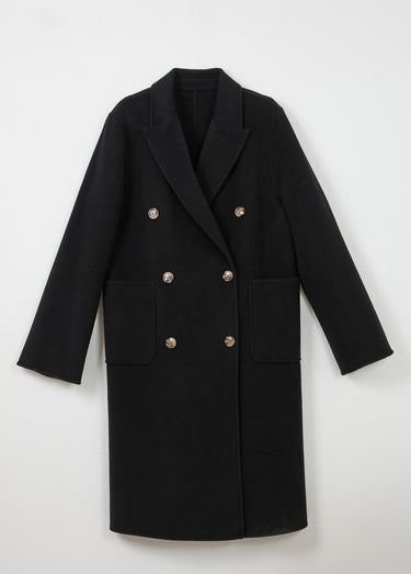 Manteau long drap de laine col tailleur Noir