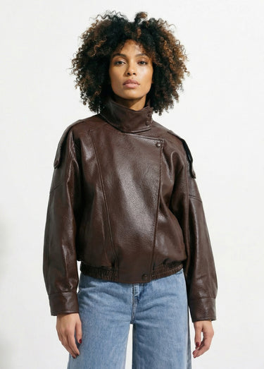Blouson simili cuir inspiration vintage Marron