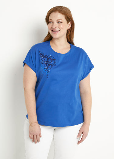 T-shirt coton uni sequins manches courtes Bleu Dur