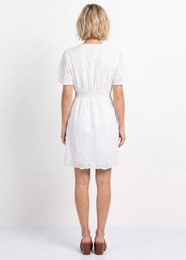 Robe courte col V et broderie anglaise Blanc