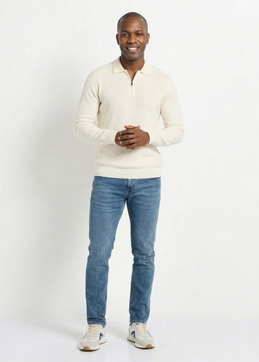 Pull col polo zippé, maille chevrons Blanc