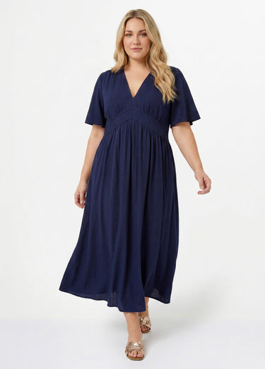 Robe longue taille haute plissée, col V Marine