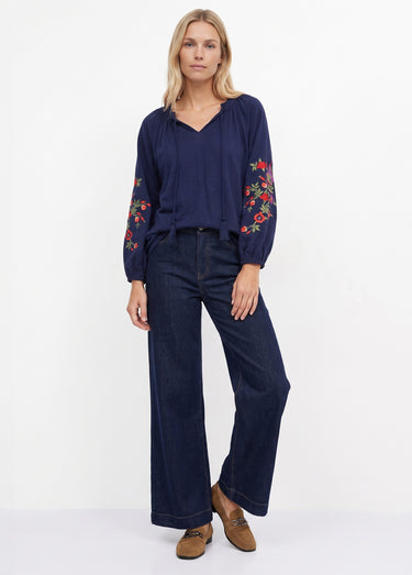 T-shirt long brodé manches 3/4 Marine