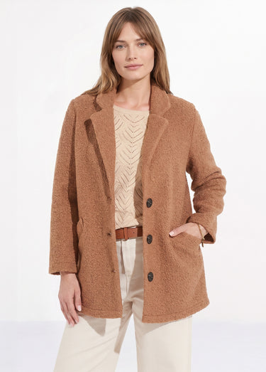 Manteau tissu bouclette mi-long boutonné Camel