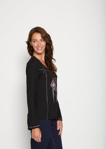 Tunique manches longues motif et strass Noir